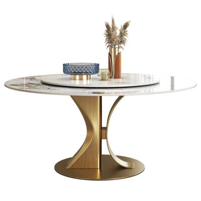 Luxury Marble Round Dining Table with Gold Stainless Steel Frame and ...